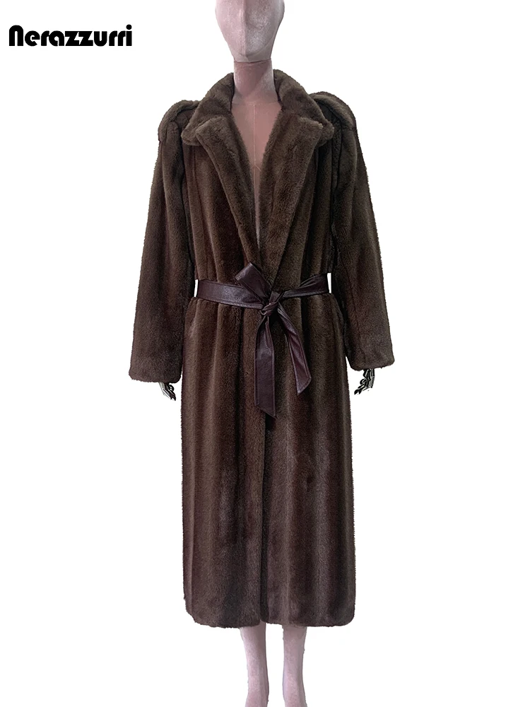 Nerazzurri outono inverno longo quente macio fofo marrom falso casaco de pele de vison feminino com faixas de couro do plutônio roupas de grife de luxo