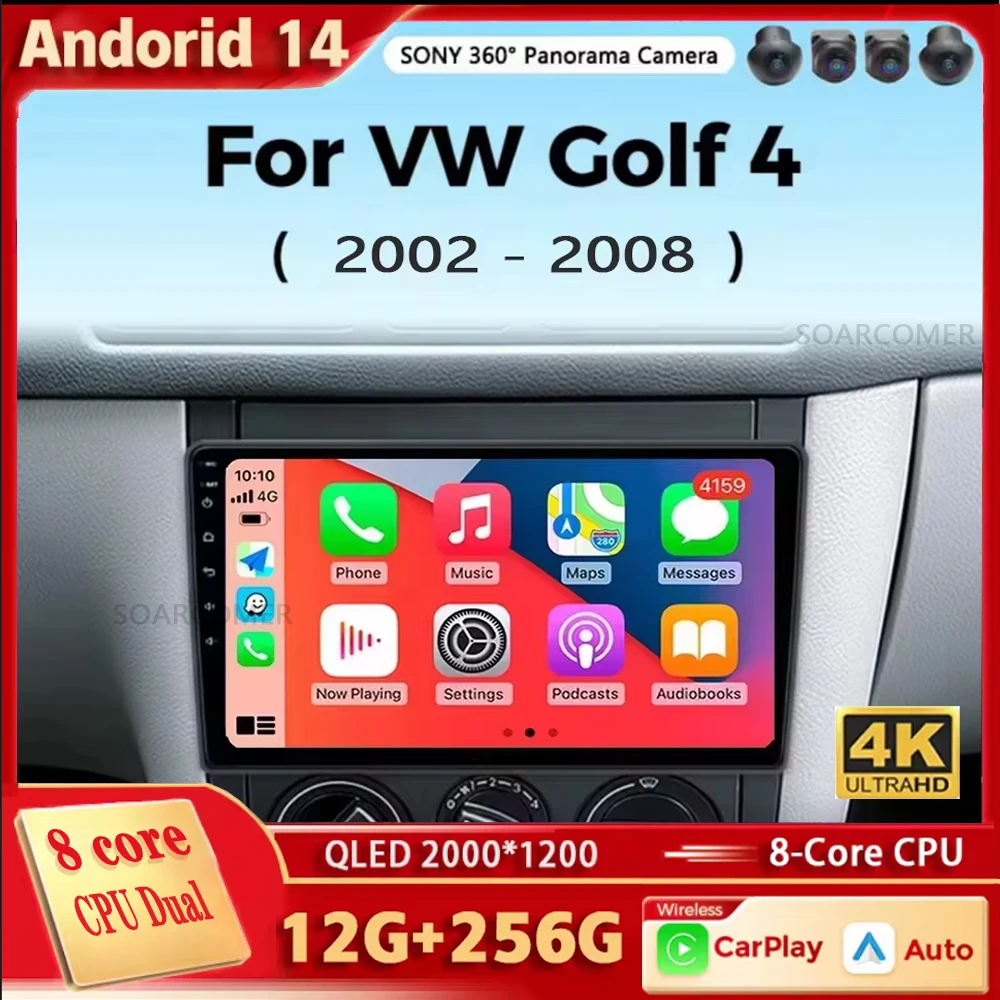 For Volkswagen VW Golf 4 IV 2002-2008 Jetta MK4 Car Radio Android 14 Classics Multimedia Player Carplay GPS Auto Stereo DSP QLED