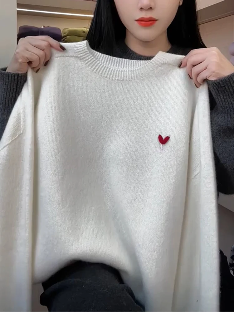 

Korean Sle Lazy Faion Heart Embroidery Sweater 2025 Spring Season plus Size High End Knitted irt for Women