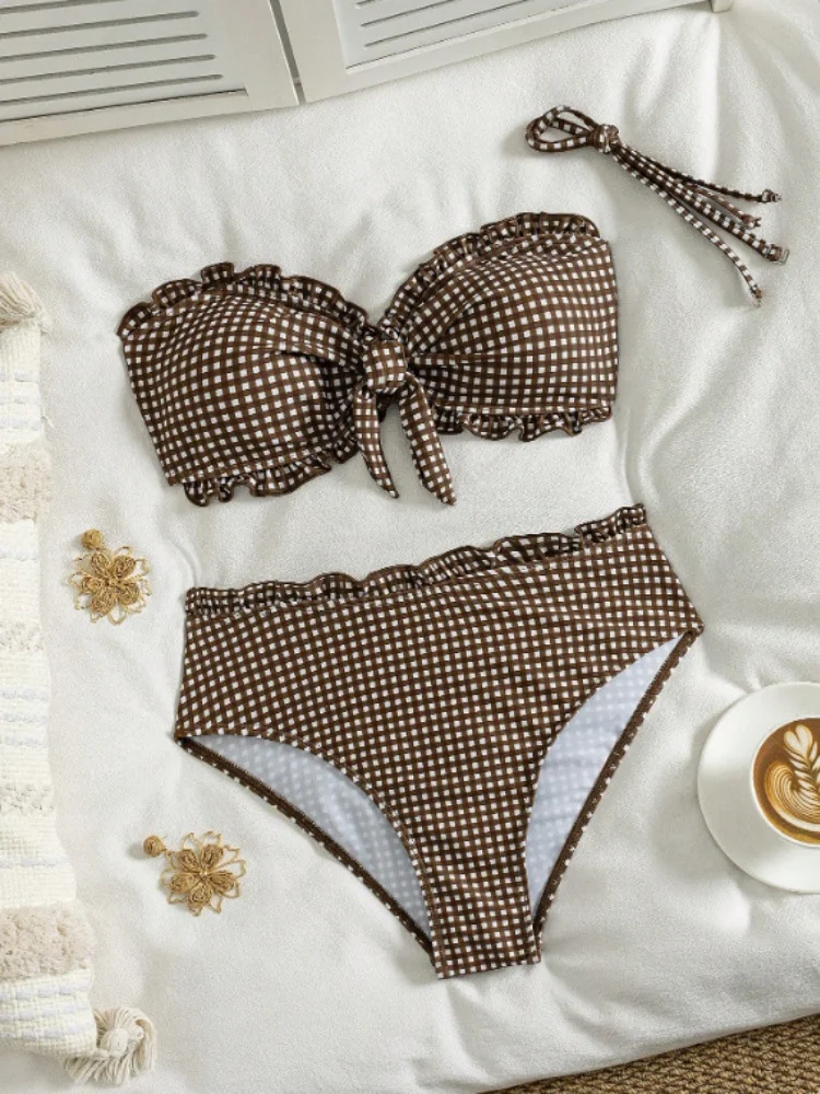 Vintage Coffee Plaid Print Bikini Set Women Bandeau Front Tie Push Up Bra High Waist Swimwear 2026 Beach Bathing Suit Swimsuit