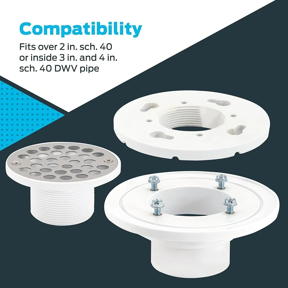 Low-Profile-PVC-Duschbodenablauf mit Edelstahlgitter, einfache Installation, 5,1 cm, 7,6 cm Rohr, kompatibel mit langlebigen Entwässerung