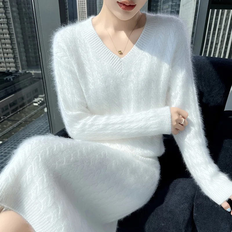 25 Nowych Damskich Zestawów Swetrowych 100% Kaszmir Norkowy Sweter z Dekoltem w Serek Dzianinowy Sweter z Wzorem Skręconych Kwiatów Spódnica do Kolan Ciepły Dwuczęściowy Zestaw