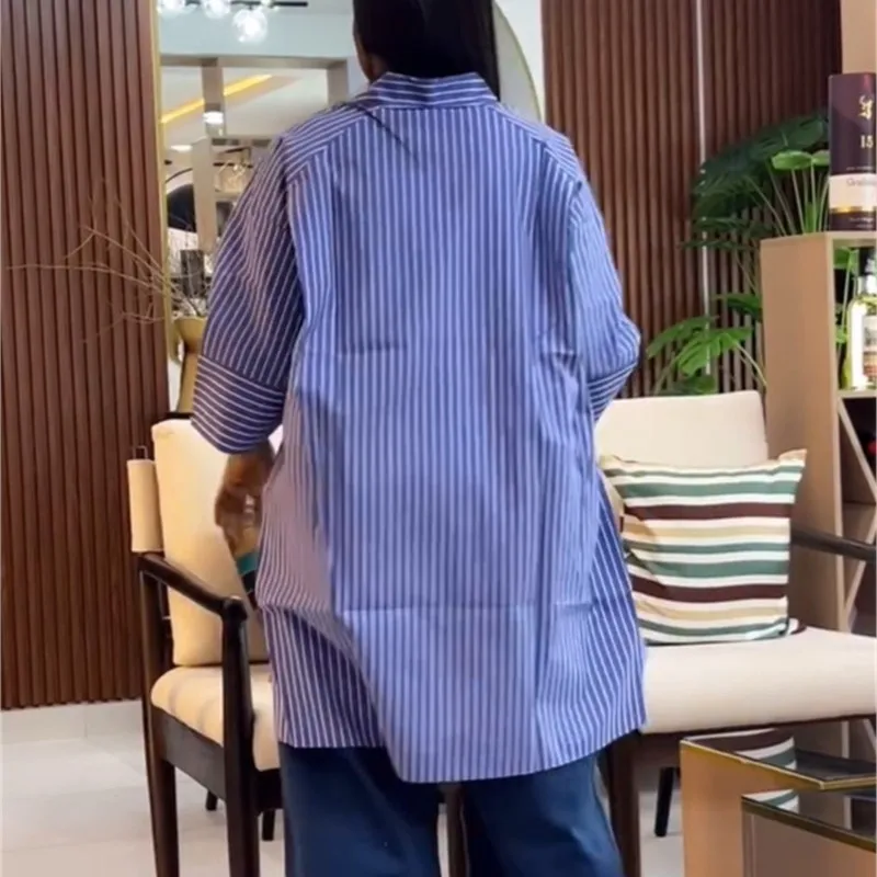 2025 Autumn Hot Style Stylish Blue Striped Shirt Casual Lapel Long Sleeve Loose Top Temperament All-match Commuting Clothing