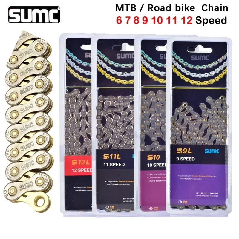 

SUMC Bicycle Chain 8/9/10/11/12 Speed Titanium Mountain Bike Chain Semi Hollow Bike Chain 116L Bicycle Accessories