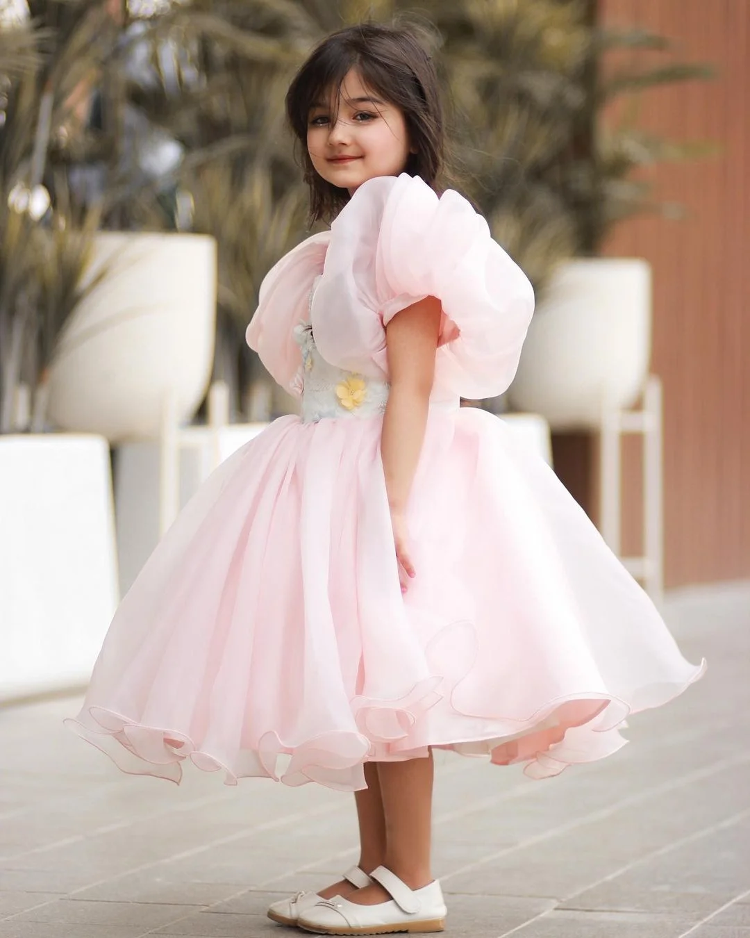 Pink Flower Girl Dress For Wedding Applique Puffy Bubble Sleeve Elegant Princess Ball Gowns Pageant Party Birthday Girls Dresses