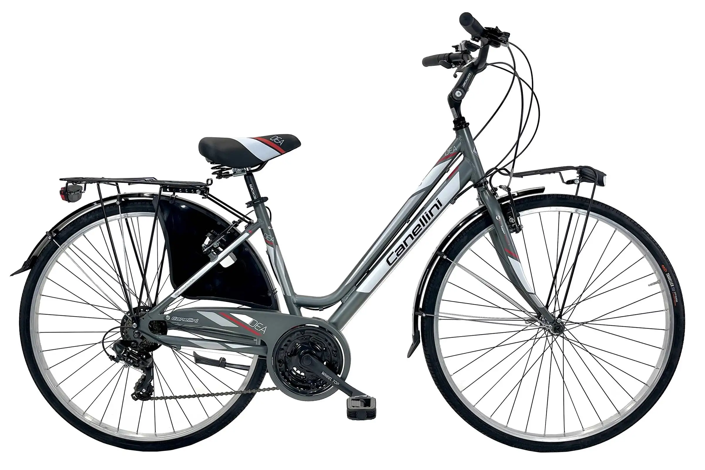 Vélo de ville en aluminium Canellini DEA 28 pour femme, 21 vitesses, freins V-brake, éclairage LED, garde-boue - Titane/Rouge