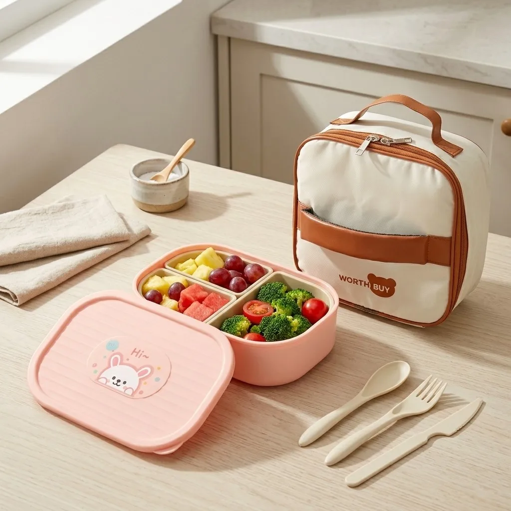 Niedliche Kinder-Bento-Box aus Kunststoff mit herausnehmbaren 3-Fach-Behältern zur Essensvorbereitung, Lebensmittelaufbewahrung, mikrowellengeeignet, Schulsnackbox