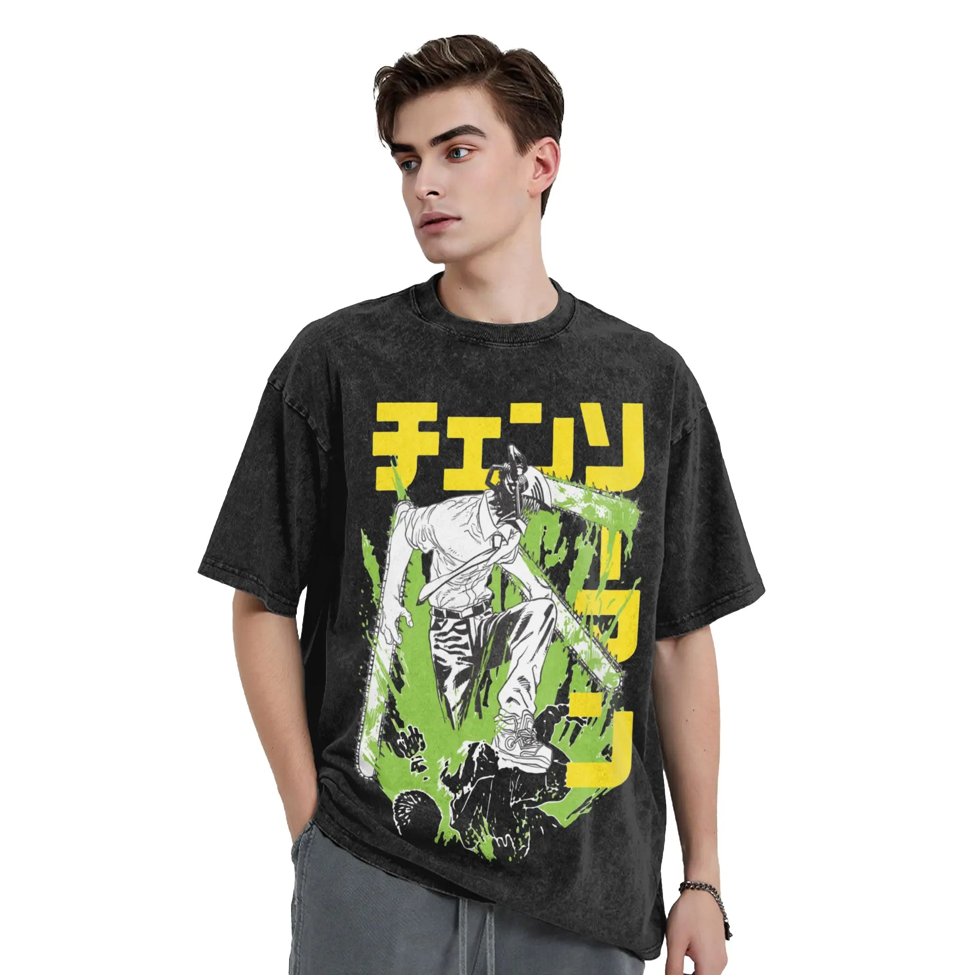Chainsaws Warrior Manga Washed T-Shirts  Denji Devil Anime Vintage 100% Cotton Tees Round Neck  T Shirts New Arrival Clothing