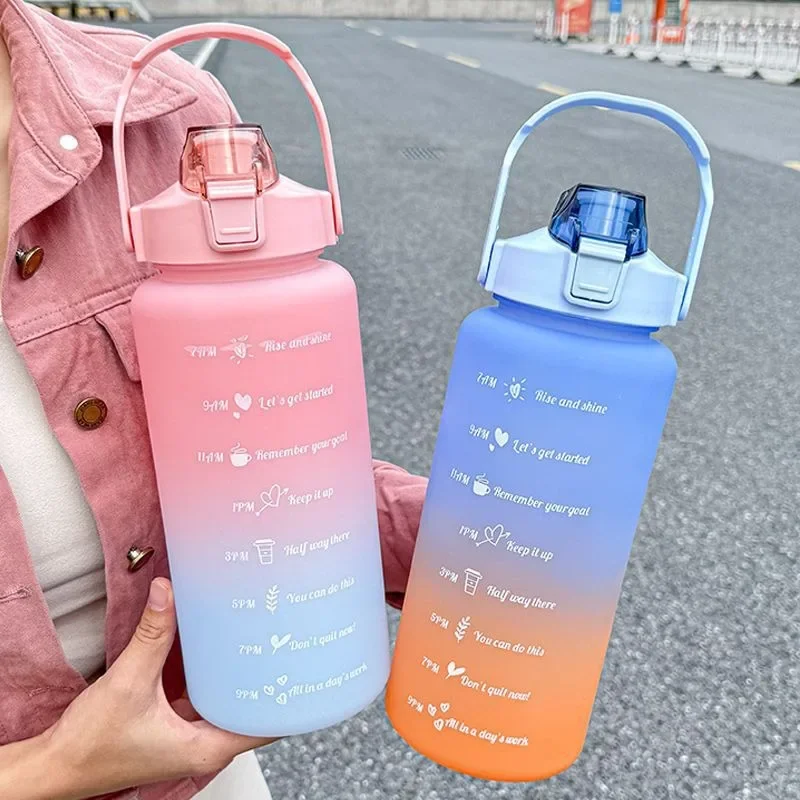 Conjunto de garrafas de água gradiente, 3 peças, 2000ml,800ml,300ml, portátil, à prova de vazamento, garrafa de água esportiva com marcador de tempo fitness ao ar livre