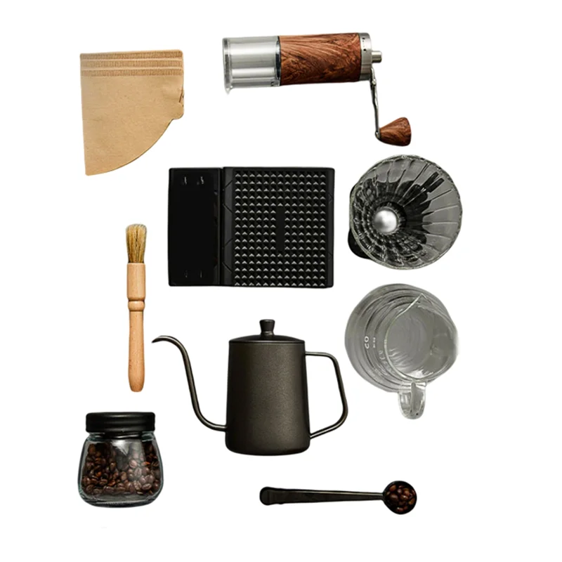 

RR-Hand Brewed Coffee Set Outdoor Barista Tools Dripper Filter Coffee Kettle Manual Grinder Portable Gooseneck Kettle