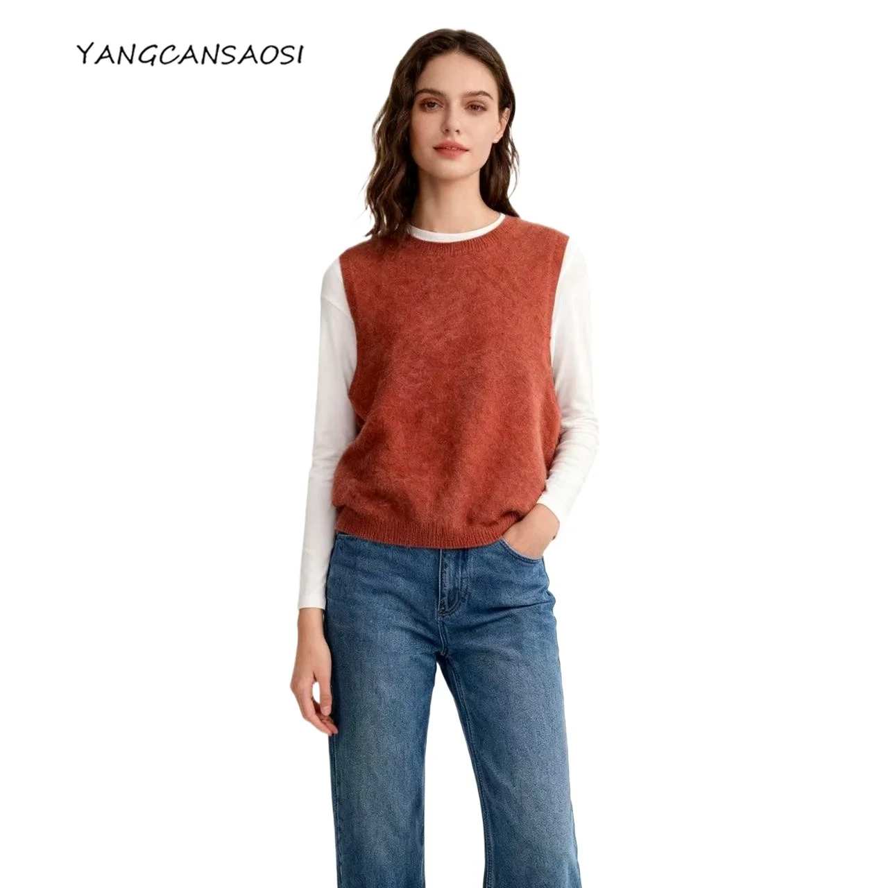 

Женский осенне-зимний новый цвет макарон, 90% шерсть, 5% кашемир, 5% натуральный шелковый флис шелковицы, пуловер без рукавов с круглым вырезом, жилет