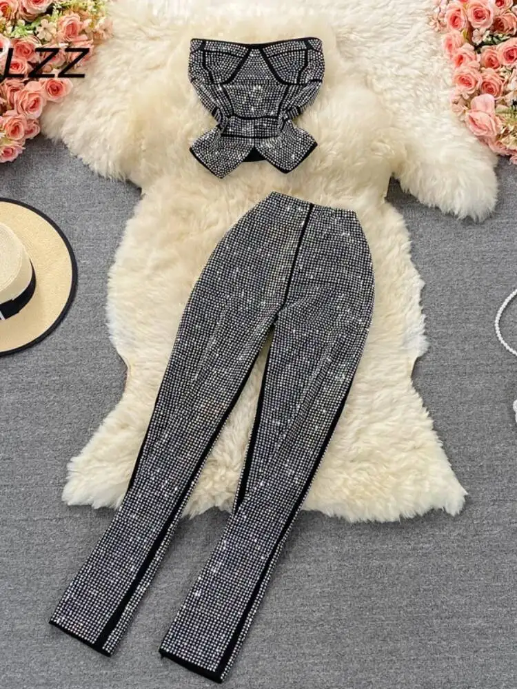 

Ruffled Sexy Outfits Women Diamond Tank Top Two-piece Suit High-waist Stretch Pants Fashion Ladies Punk Style Streetwear Set