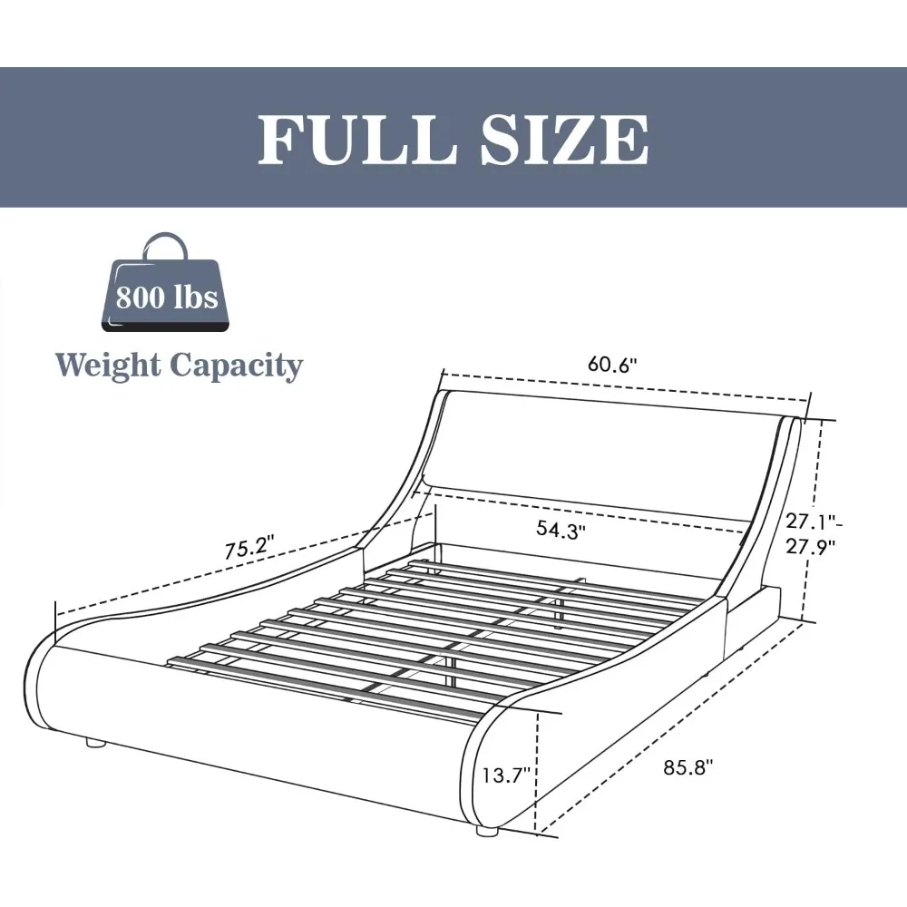 Upholstered Full Size Platform Bed Frame Modern Low Profile Sleigh Bed with Faux Leather Adjustable Headboard