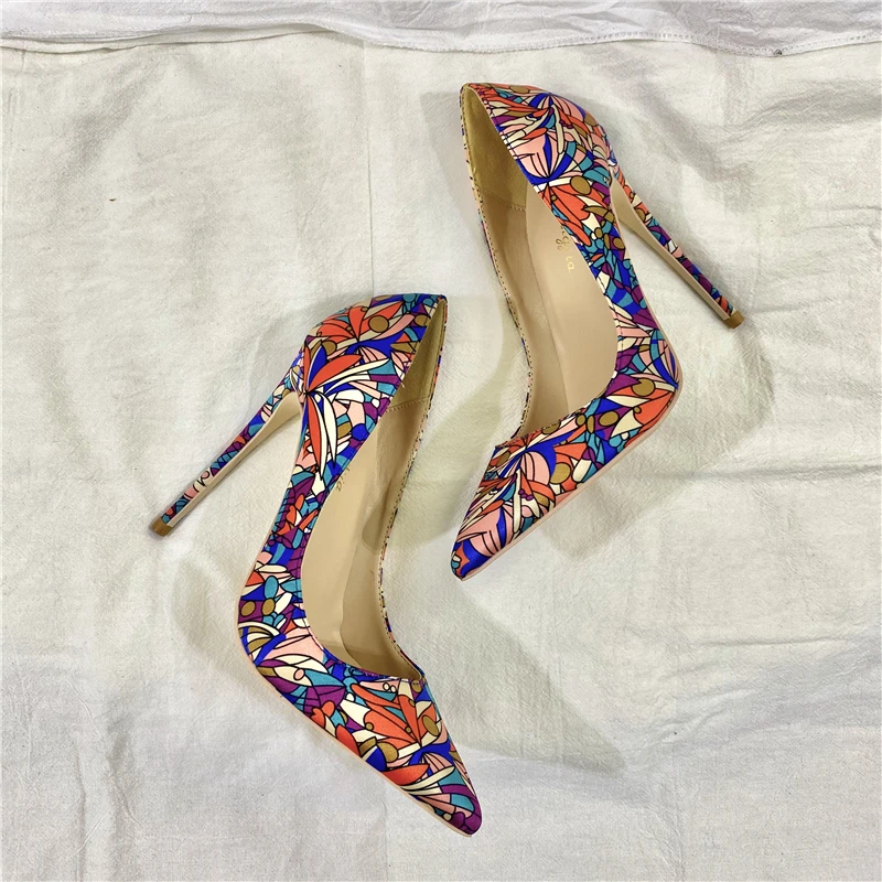 Ke Shang Jia Graphic Print Women Satin Pointy Toe High Heel Party Shoes Sexy Designer Floral Stiletto Pumps Large Size 33-45