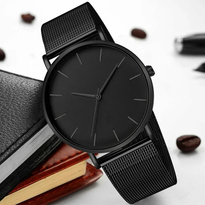 Black Men Watches Male Business Style Wristwatches Stainless Steel Quartz Watch Men Clock with Calendar Mesh Belt Relogio