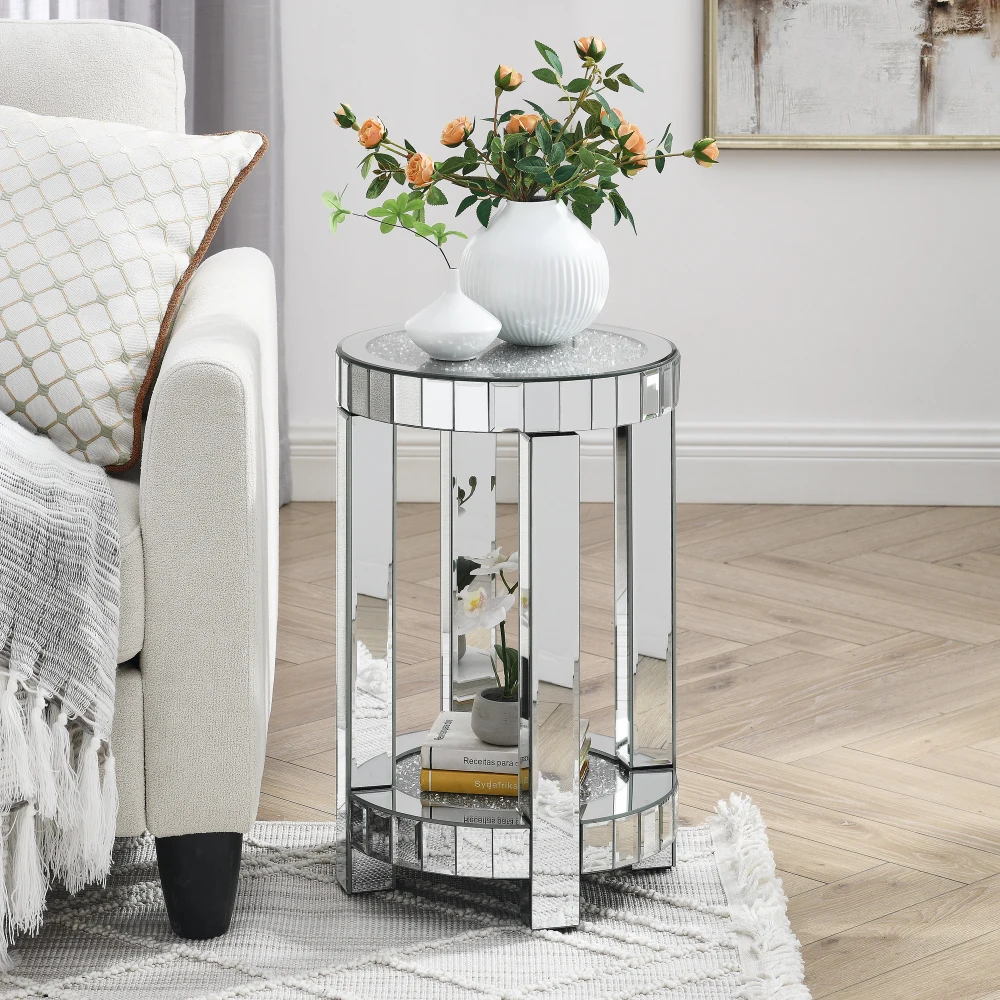 2-layer Small Sofa Table with Storage Space, Mirror Round Table with Crystal Inlay,Silver Decorative for Living Room, Bedroom