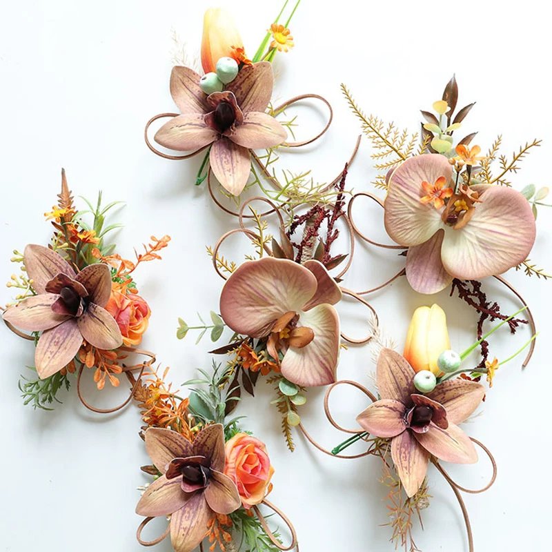 25069 أوركيد توليب بوتونيير للرجال، زهور صناعية لصدار المعصم لديكور الزفاف/الحفلة الراقصة/العودة للوطن، إلخ. بساتين الفاكهة القارب