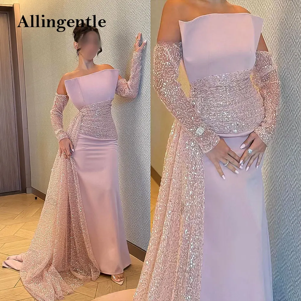 

Exquisite Pink Satin Sequines Evening Dress with Long Sleeves Sparkle Off-The-Shoulder Dubai Arabic Prom Wedding Party Gowns