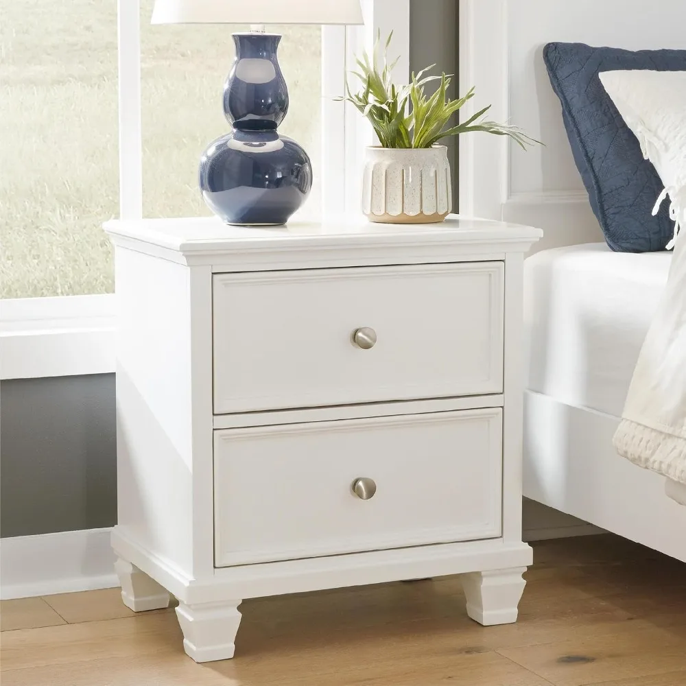 White Nightstand 2 Drawer Bedside Table, Hardwood Solids & MDF, Traditional Wood End Table, 25 Inch