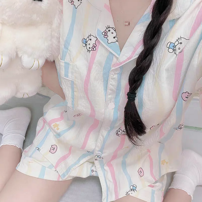 

Sanrio Hello Kitty Women's Sleeping Pajamas Sets Kawaii Cartoon Summer Short Sleeve Shorts Comfortable Sleepwear Home Clothes