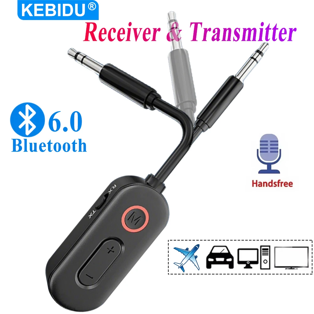KEBIDU-transmisor y receptor de Audio Bluetooth 6,0, adaptador de Audio inalámbrico 2 en 1, adaptador inalámbrico AUX de 3,5mm para altavoz de coche y avión
