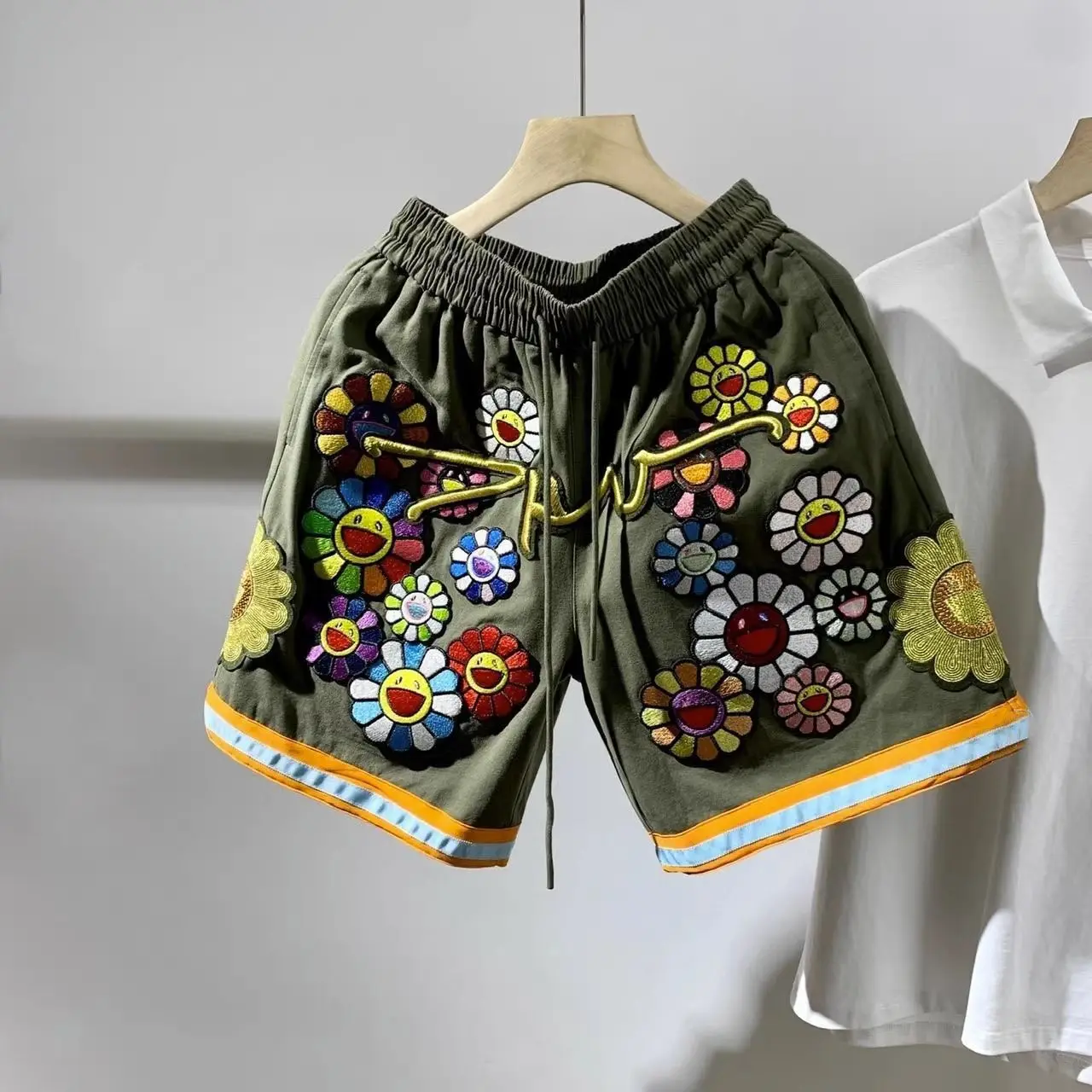 

Large Size Men's Sport orts Embroidered Gold Tead Suower Casual Summer American Retro Workwear Five-Quarter Pants