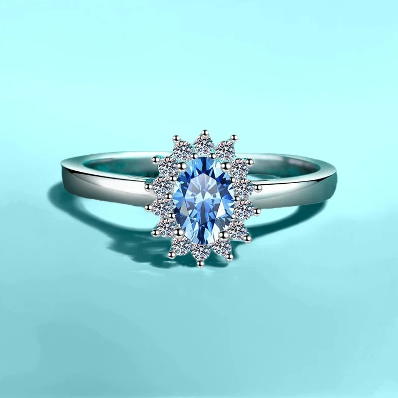 

0.5Ct S925 Silver PT950 Gold Plated Women's Azure Blue Grand Round Moissanite Ring GBA Certified Free Gift Box Jewelry