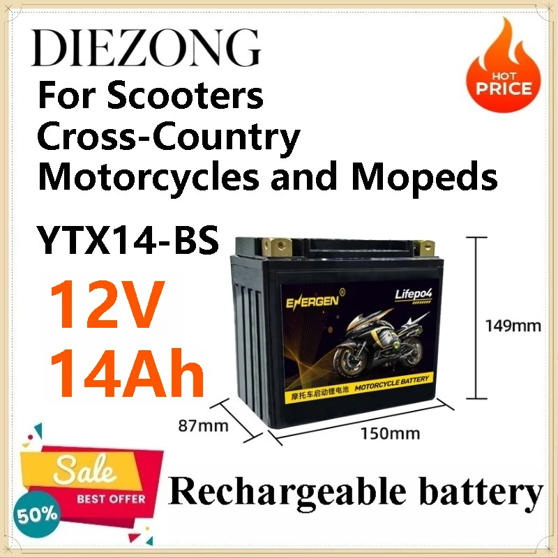 YTX14-BS 12V 14Ah Maintenance-Free LiFePO4 Starter Power Source for Scooters Cross-Country Motorcycles and Mopeds