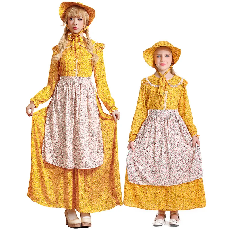 

Children's Halloween Cosplay Dress Colonial Pioneer Girl Costume Yellow Plaid Rural Farm Prairie Girl Dress Cute Maid Costume