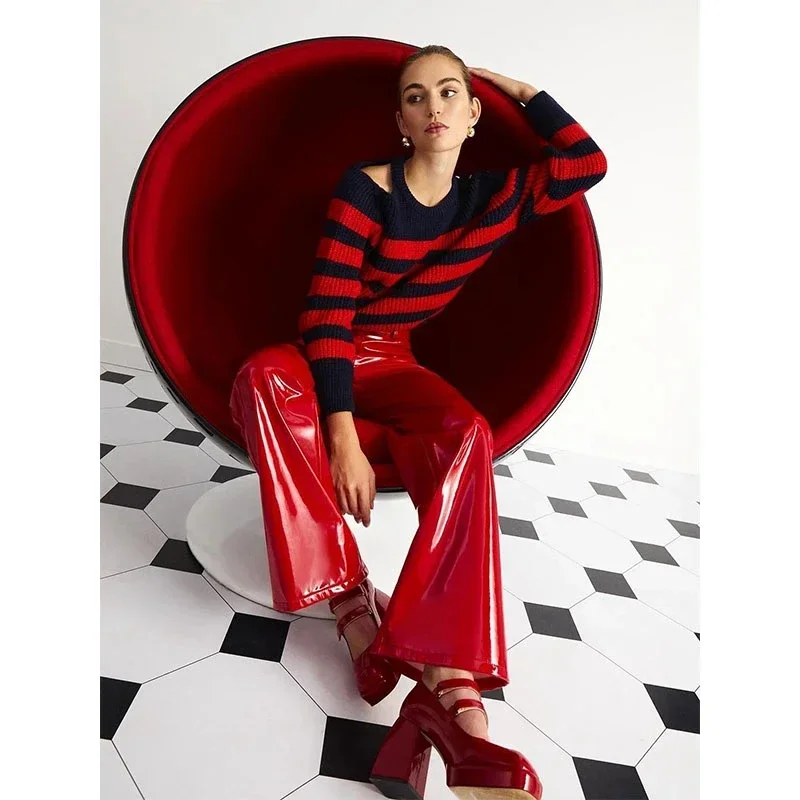 Shiny Red Patent Leather Straight Pants Women High Waist PVC Slim Trousers Ladies Chic Yellow PU Pants Pocket Custom Clubwear