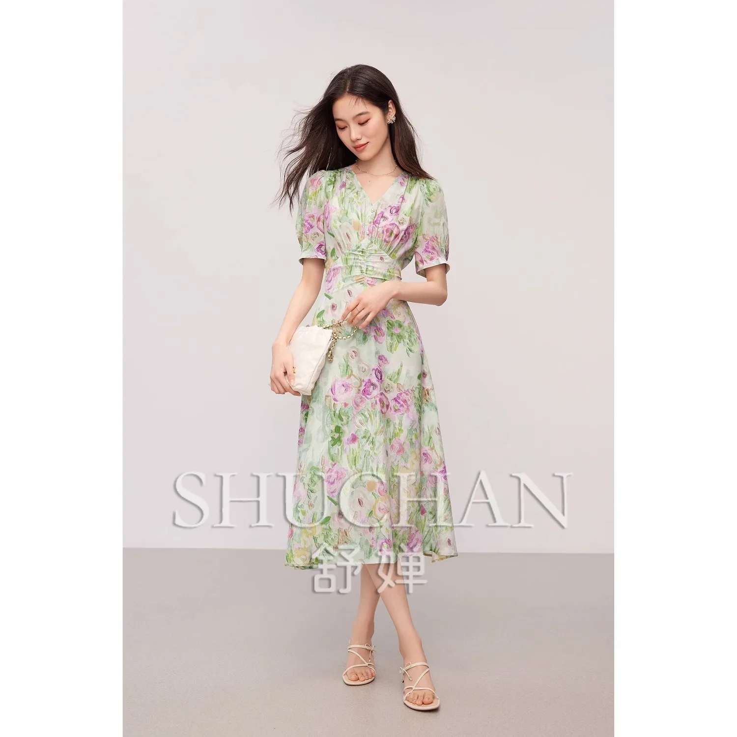 

25 Summer Atmosphere Smudge Printing Mulberry Silk French Coffee Break Elegant V-neck Dress Women