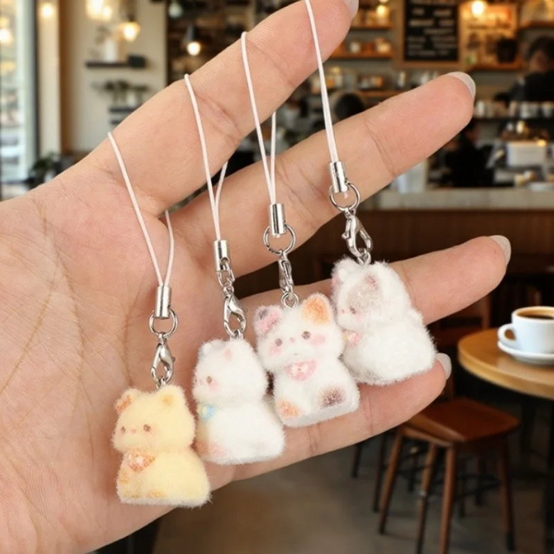 Cute Cartoon Flocking Animal Cat Pendant keychain for bags Earphone Car Keychain Decor Keychains Accessories Phone Chain Lanyard