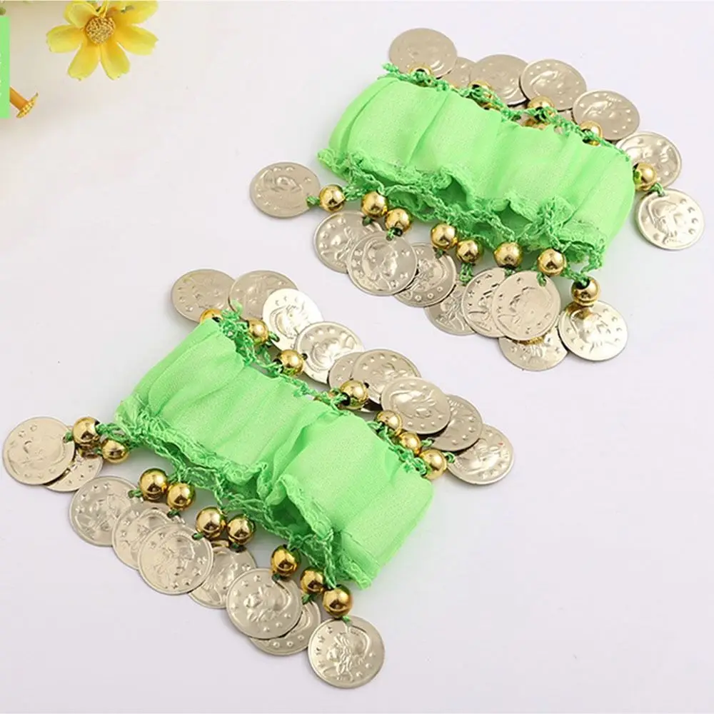 Muñequera de gasa para danza del vientre, brazalete con sonajero de moneda dorada, accesorio para disfraz, 1 par