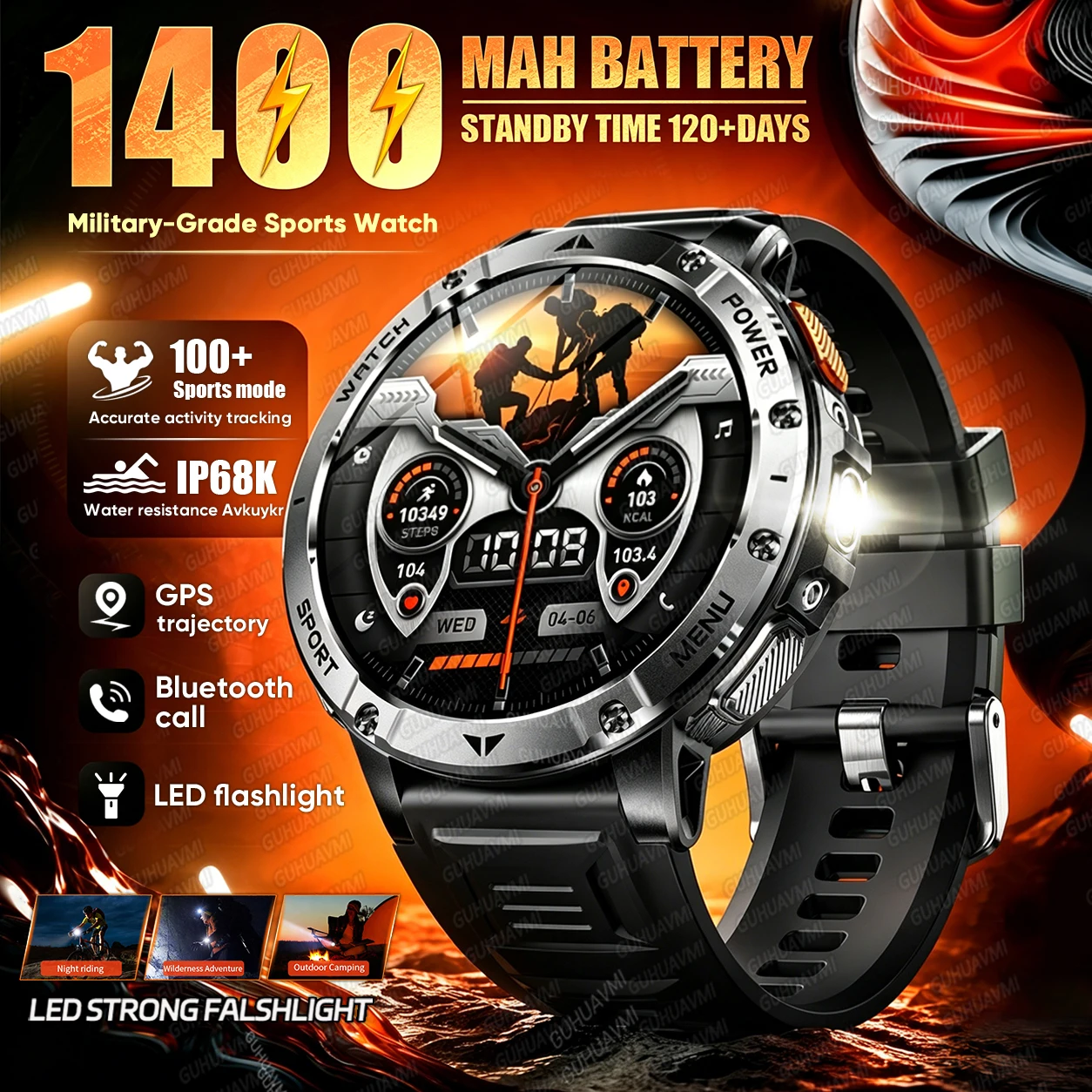 New 1400mAh High-Capacity Battery Smart Watch Flashlight IP68 Waterproof Heart Rate Wireless Call Men Military Sports Smartwatch