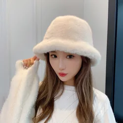 Rabbit Fur Bucket Hat for Women Fashion Autumn Winter Warm Thickened Fisherman Hat Russian Outdoor Hat Warm Trooper Trapper Cap