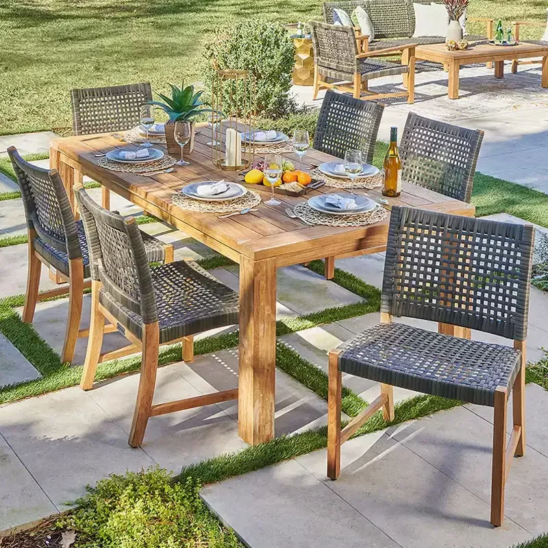for Outdoor Teak Solid Wood Long Table and Chairs Set Villa Courtyard Garden Balcony Leisure Preservative Furniture