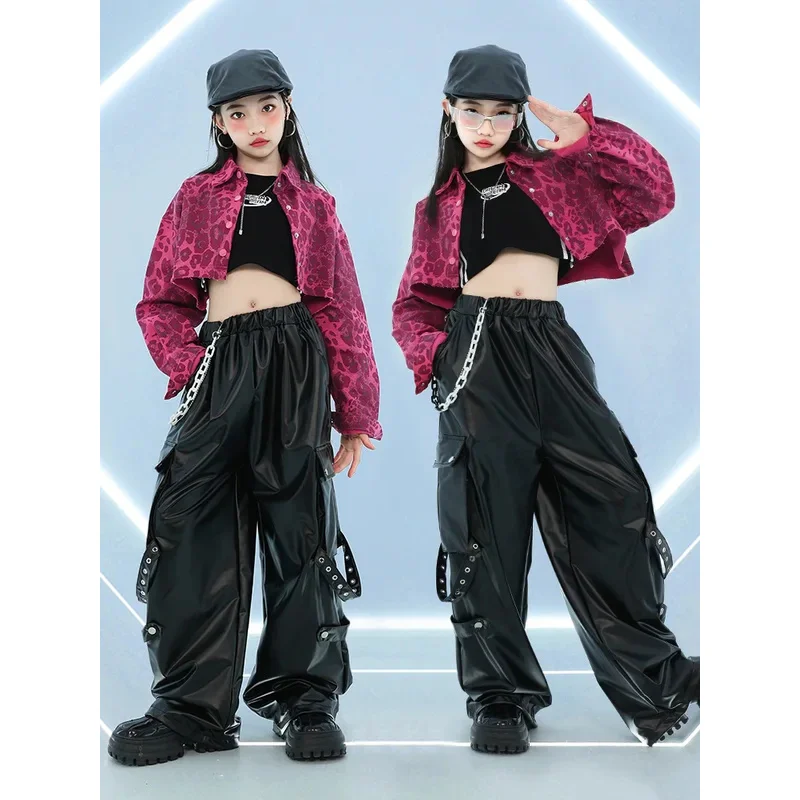 

Kid Hip Hop Clothing Pink Leopard Crop Shirt Top Black Faux Leather Wide Strap Cargo Pants for Girl Jazz Dance Costume Clothes