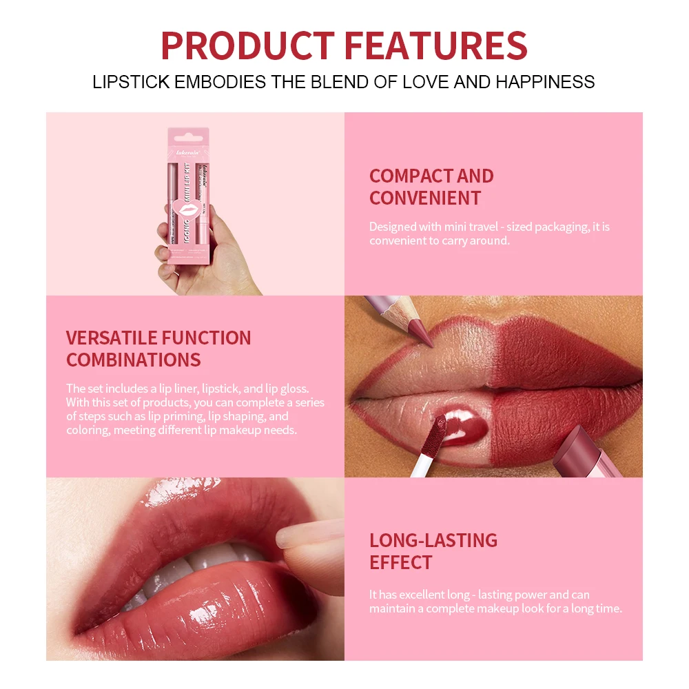 3pcs Lip Makeup Set Lip Liner ลิปกลอสลิปสติก Mirror Effect Beep Lips สูงสี Long Lasting Hydrates Travel Mini ชุด