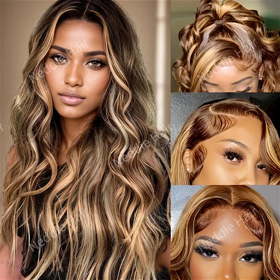 

13x4 13x6 4/27 Highlight Body Wave Human Hair Lace Frontal Wigs 250 Density Colored Ombre 32 Inch HD Lace Front Wig For Women