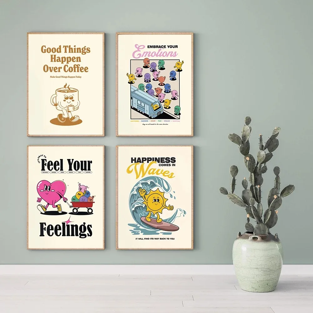 Cartoon Positive Retro Quote Print Feelings Self Love Emotions Art Poster Trendy Abstract Canvas Painting Living Room Home Decor