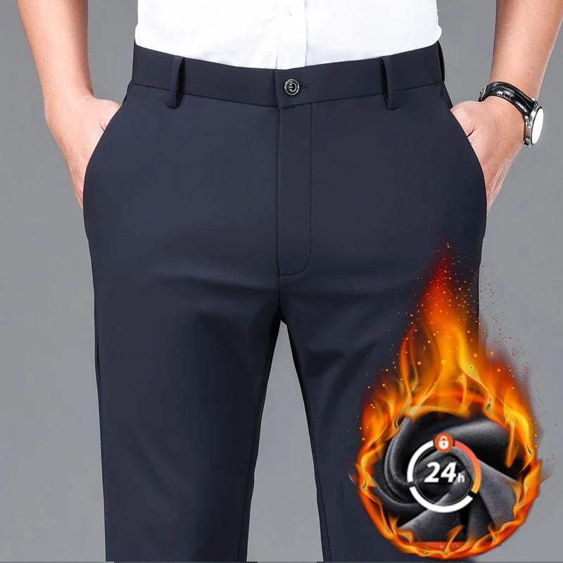 

Эластичные мужские деловые костюмные брюки, зимние флисовые толстые, мягкие, гладкие, прямые, деловые повседневные брюки, модная корейская черная верхняя одежда