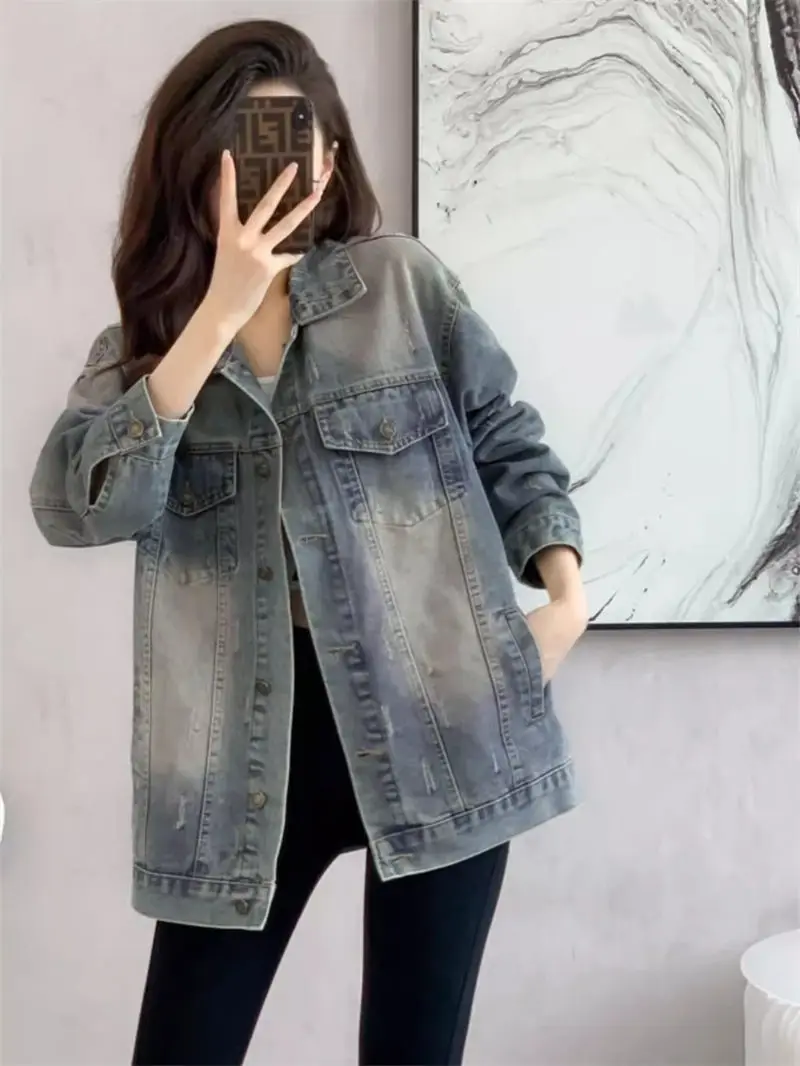 

Retro Distressed Denim Jacket Women Long Sleeve Fashionable 2024 Spring Autumn Versatile Top Vintage Jeans Coat Chaqueta K1041