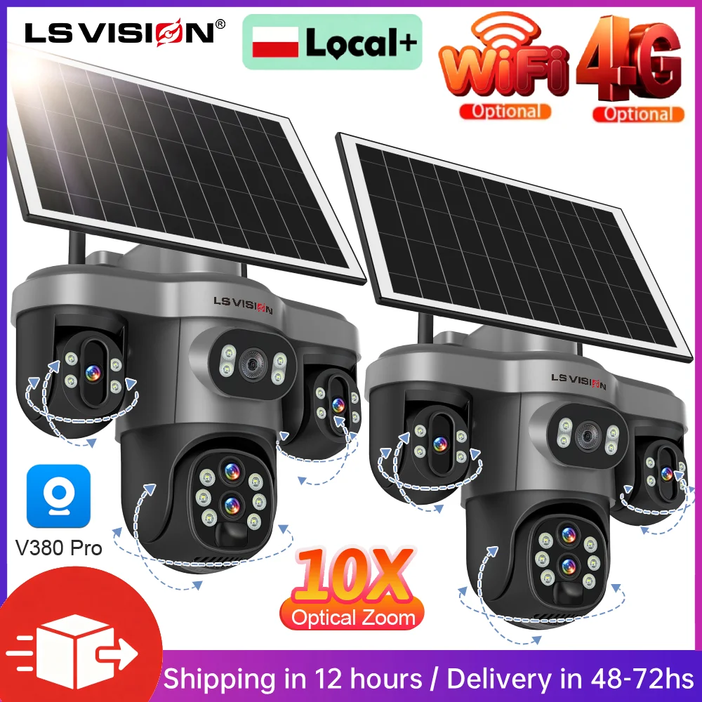 Caméra solaire 4G LS VISION 20MP avec zoom optique 10X, WiFi extérieur, 3 PTZ, 3 écrans, caméra IP sans fil, suivi automatique des personnes, surveillance de sécurité PIR, V380 Pro, 1/2 pièces