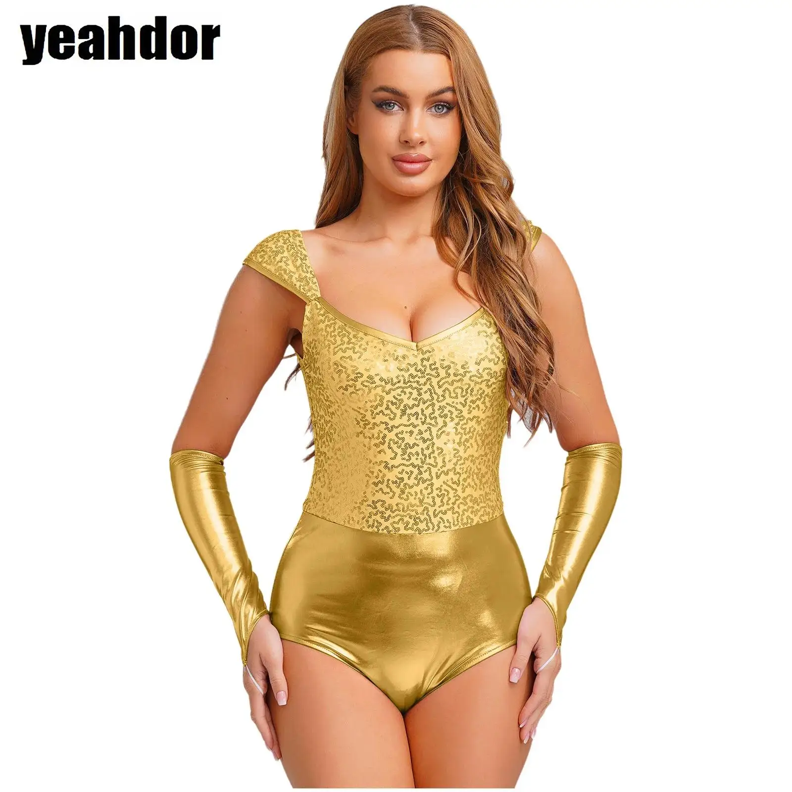

Women Glitter Sequin Metallic Shiny Bodysuit with Detachable Sleeves One-piece Jazz Dance Leotard Halloween Cosplay Disco Suit