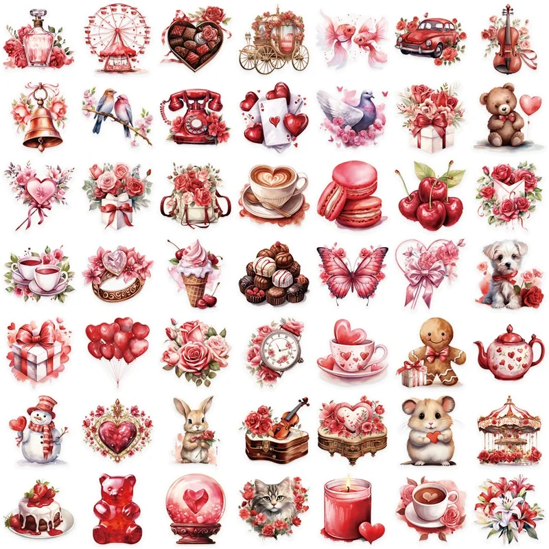 50PCS Kawaii Red Love PET Sticker Aesthetic Decoration Scrapbooking Stationery DIY Hand Accounting Supplies for Kids