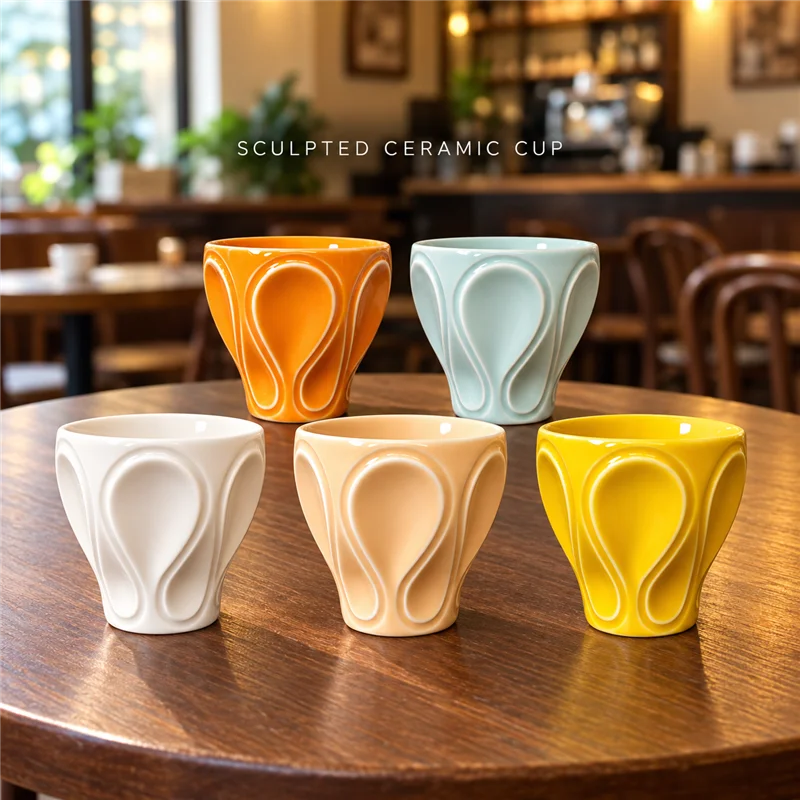 BIGE Sculpted Ceramic Coffee Cup Handleless Glossy Relief Mug in 5 Colors for Coffee and Afternoon Tea