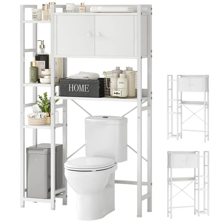 

Over The Toilet Storage Cabinet with Doors, 7Tier Bathroom Organizer Storage Shelves, Freestanding Shelf for Restroom Laundry,