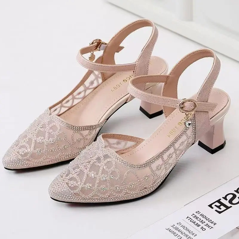 

Women Real Leather Rhinestone High Heel Sandals Summer New Round Toe Hollow Out Buckle Strap Match Skirts Sandals Modern Sandals