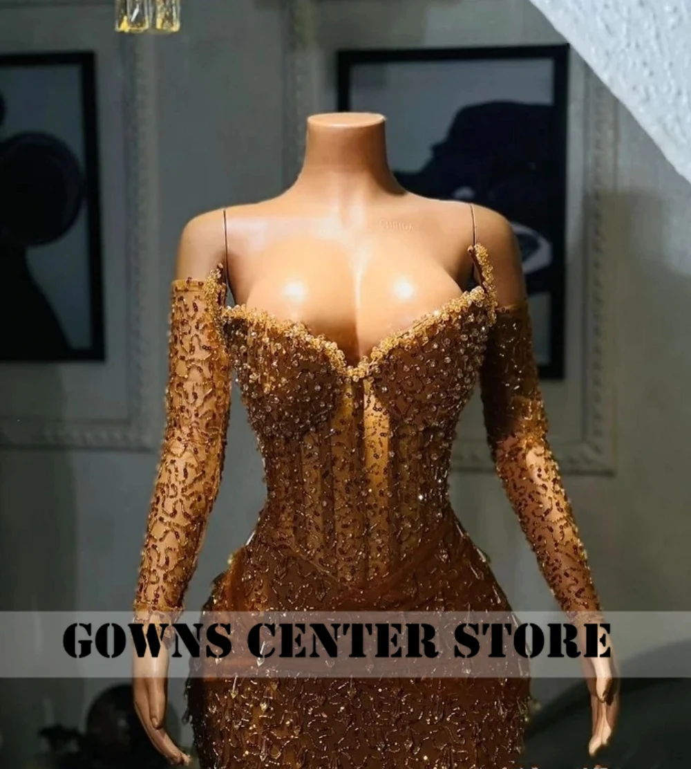 Aso Ebi Style Golden Rhinestones Prom Dresses With Gloves Luxury Gowns Elegant Evening Dress Wedding Party Mermaid Customized