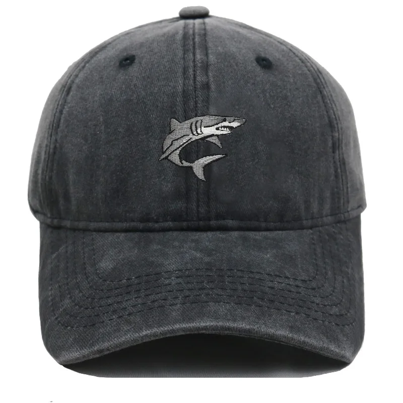 Small shark embroidered baseball cap unisex washed and worn soft top outdoor casual versatile sun shading duckbill cap trendy